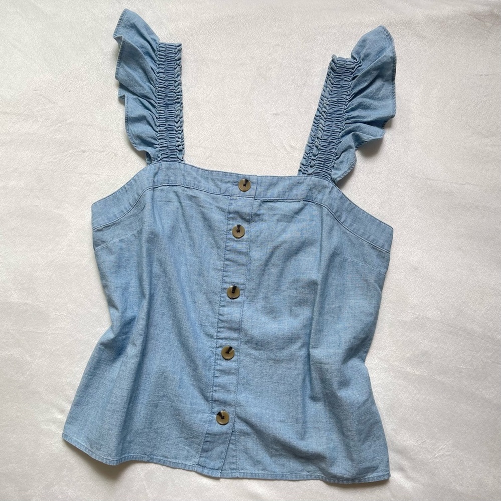 NWOT J. Crew Light Blue Chambray Square Neck Button Ruffle Tank Petite Medium